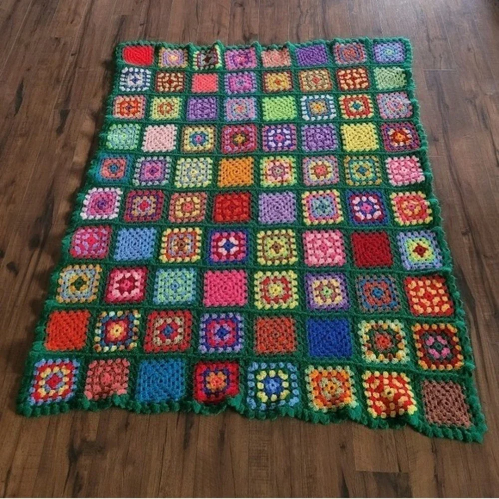 Vintage Handmade Crochet Granny Square Blanket Multicolor Green Afghan Throw‎